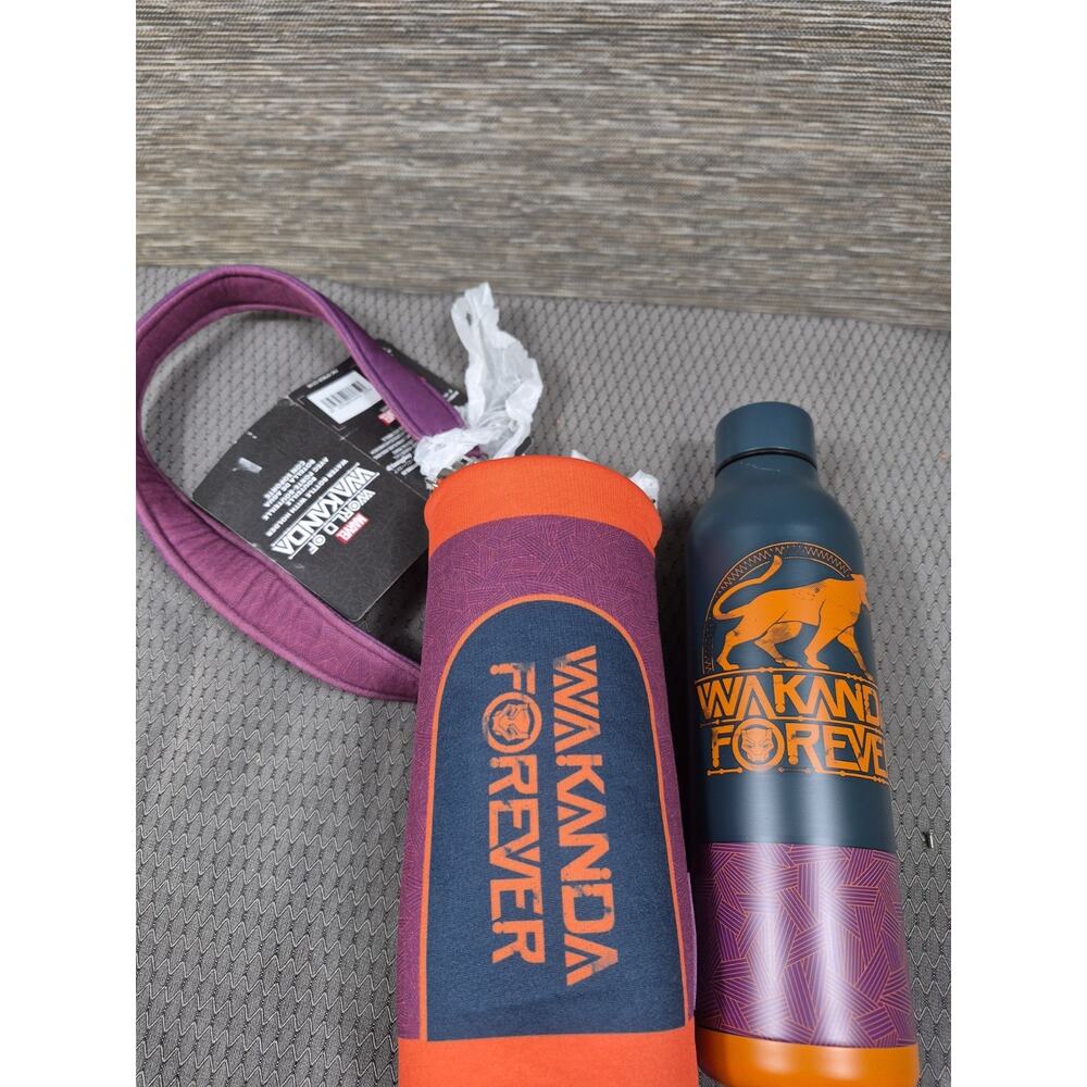 Disney Marvel Black Panther Wakanda Forever Steel Water Bottle w/Holder 16.9oz